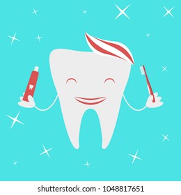 Happy healthy face with toothpaste, brush. Vector illustration on a blue background. Concept of children's dentistry. 