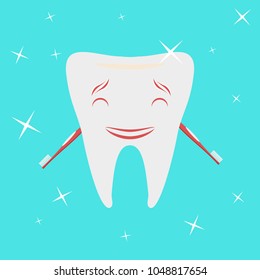 Happy healthy face with toothpaste, brush. Vector illustration on a blue background. Concept of children's dentistry. 