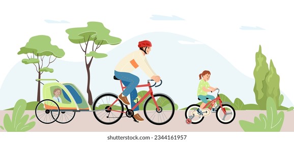 Personajes familiares felices y saludables con niños en bicicleta en verano. Padre montando bicicleta con niño en el remolque. Papi junto con su hija en el exterior de ocio Ilustración plana vectorial aislada en blanco