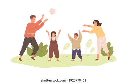 Happy healthy family with kids playing with ball outdoors. Parents and children spending leisure time together in nature. Colored flat vector illustration of active people isolated on white background