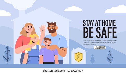 Happy Healthy Family Stay At Home In Isolation During Quarantine On Isolation. Smart Home Security System Or Insurance Concept. Mother Father And Daughter Spend Time Together In Their House.