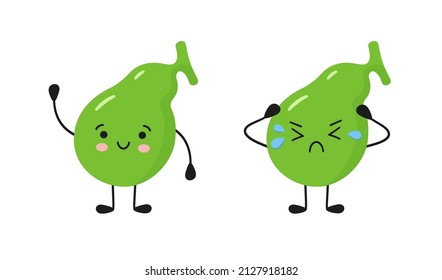 Happy healthy gallbladder and sick sad gallbladder. Kawaii characters to illustrate the problem of cholecystitis, gallstone disease. Isolated vector illustration on white background.