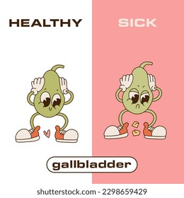 Fröhliche gesunde Gallenblase vs. kranke traurige Gallenblase mit Steinen. Retro Cartoon Charaktere, um das Problem der Cholecystitis, Gallensteine Krankheit zu illustrieren. Handgezeichnete Vektorgrafik der 90er bis 00er Jahre