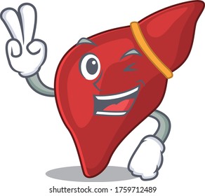 Happy healthy human liver cartoon design concept with two fingers