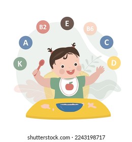 Happy healthy infant girl eating proper nutrition. Food containing many useful vitamins, nutrition for growing organism. Nutrition for little kids. Plate of porridge on table. Flat vector illustration