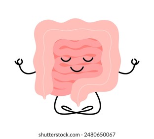 Happy healthy intestine character meditation yoga relax. Health gut organ sit in lotus, keep calm. Vector illustration