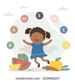 Happy healthy kid, proper nutrition. Vegetables and fruit mix. Food containing many useful vitamins, nutrition for growing organism. Green veg nutrition. Strong african american girl. Flat vector