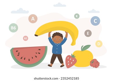 Happy healthy kid, proper nutrition. Fruit mix. Food containing many useful vitamins, nutrition for growing organism. Green veg nutrition. Strong and happy african american boy. vector illustration