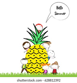 Happy and healthy kids with a fresh pineapple