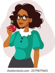 
Happy Healthy Lady Holding an Apple as Snack Vector Illustration. Cheerful lady snacking on a fruit 