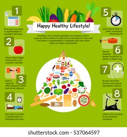 Happy healthy lifestyle infographic design with healthy food and sport icons. Vector illustration.