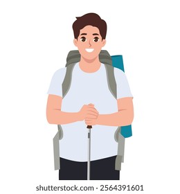 Happy healthy man hiking tourist with a backpack. Flat Vector character illustration