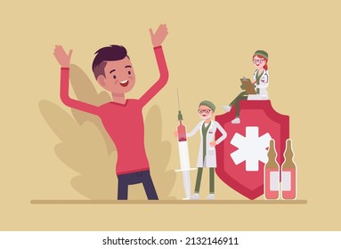 Happy healthy man, vaccine or booster shot, clinic vaccination. Male patient, medicine service care research and illness prevention. Vector flat style creative illustration, health, healthcare concept