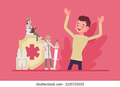 Vacunación en clínica feliz hombre sano, vacuna o recuerdo. Pacientes masculinos, investigación de servicios médicos y prevención de enfermedades. Ilustración creativa de estilo plano vector, salud, concepto de salud