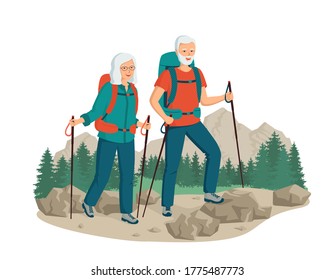 Happy Healthy Mature Couple Of Tourists With Backpacks. Retired Outdoor Activity Concept. Age Trekking, Hiking. Active Elderly Seniors Man And Woman. Сartoon Vector Illustration Isolated On White