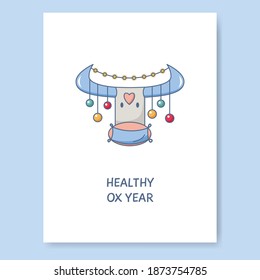 Happy and healthy new year greeting card. Cute bull wearing medical protective mask against covid, horns decorated with christmas balls and lights