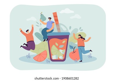 Happy healthy people preparing cold fruit beverage. Glass cup with citrus slices, straw and ice. For summer drink, organic lemonade, orange juice, fresh bar, healthy lifestyle concept