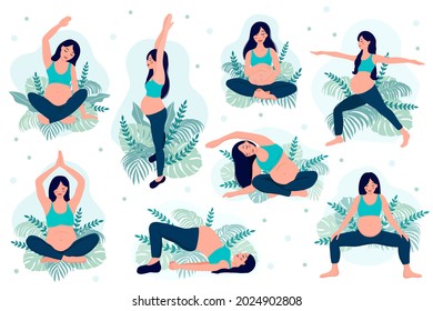 Happy and healthy pregnancy concept. Pregnant woman doing yoga, 8 exercises for health and relaxation. Illustration vector isolated on white