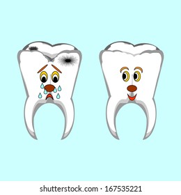 Happy healthy and sad sick teeth. Funny cartoon illustration. Vector art