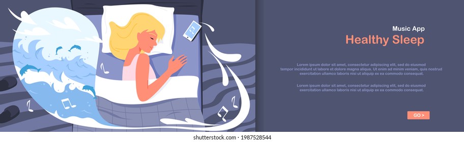 Happy healthy sleeping girl, calm music in phone, young woman lying in bed in bedroom