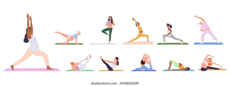 Happy healthy slim woman cartoon characters set doing sport activities at yoga or pilates class