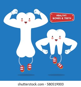 Happy healthy strong bone and teeth character with muscular arm, vector cartoon