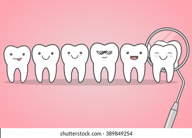 Happy healthy teeth check at the dentist. Happy cute faces. Funny vector illustration