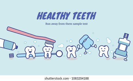 Happy healthy teeth and dental care equipment, dental care concpt in outline cartoon style