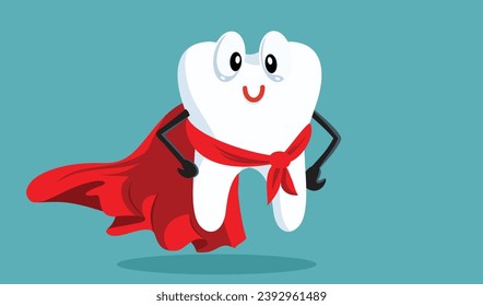 
Happy Healthy Teeth Wearing a Superhero Cape Vector Mascot. Cute and cheerful healthy molar with a hero mantle 
