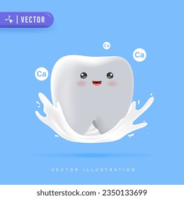 Personaje 3D feliz y saludable sonriente con salpicaduras de leche y partículas de calcio Ilustración vectorial. Afiche de la Clínica Dental para Niños