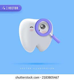 Happy Healthy Tooth Character with Magnifying Glass Vector Illustration. Clean and White Tooth Cartoon. Dentistry Clean White Tooth and Dentistry Instruments.Oral Hygiene, Teeth Cleaning