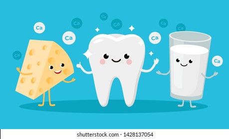 Happy Healthy Tooth and High calcium Products Cartoon characters friends together. Vector illustration in flat design. Cute Cheese and Milk infant characters.