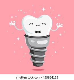 Happy healthy tooth implant. Vector illustration on a pink background. Concept of dentistry. Excellent dental card. Cute character. Caries prevention.