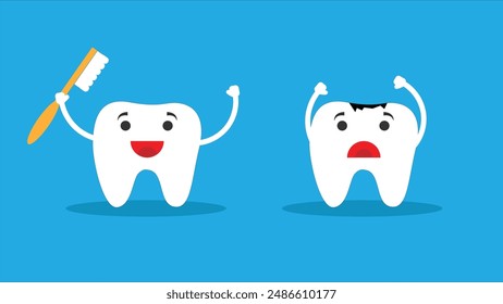 Happy Healthy Tooth and One with Caries Flat Style. Dental care and mouth care concept vector
