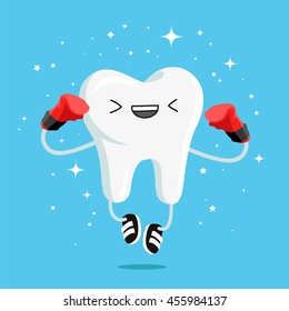 Happy healthy tooth in red boxing gloves and black sneakers. Vector illustration on a blue background. Concept of children's dentistry. Excellent dental card. Cute character. Caries prevention.