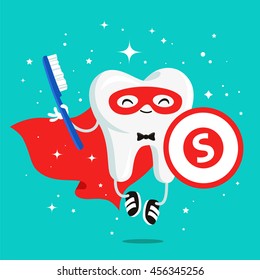 Happy healthy tooth in a red cloak with shield and toothbrush. Vector illustration on a blue background. Concept of children's dentistry. Excellent dental card. Cute character. Caries prevention.