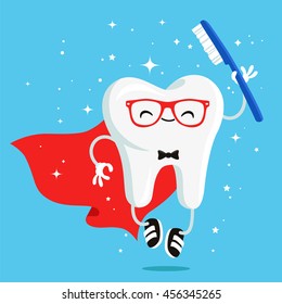 Happy healthy tooth in red cloak and a toothbrush. Vector illustration on a blue background. Concept of children's dentistry. Excellent dental card. Cute character. Caries prevention.