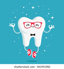 Happy healthy tooth in red glasses and red sneakers. Vector illustration on a blue background. Concept of children's dentistry. Excellent dental card. Cute character. Caries prevention.