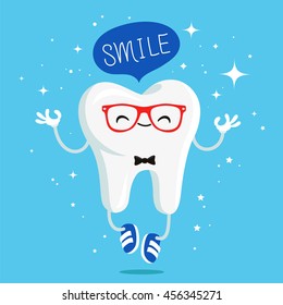 Happy healthy tooth in red glasses and blue sneakers. Vector illustration on a blue background. Concept of children's dentistry. Excellent dental card. Cute character. Caries prevention.