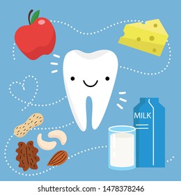 Happy Healthy Tooth. Vector illustration in flat design. Teeth and food.
