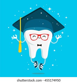 Happy healthy wisdom tooth in the cap of the graduate. Vector illustration on a blue background. Concept of children's dentistry. Excellent dental card. Cute character. Caries prevention.