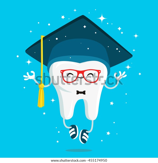 Happy healthy wisdom tooth in the cap of the\
graduate. Vector illustration on a blue background. Concept of\
children\'s dentistry. Excellent dental card. Cute character. Caries\
prevention.