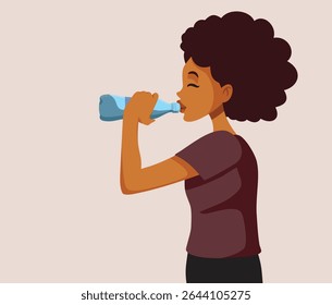 
Happy Healthy Woman Drinking Water and Hydrating Vector Character. Thirsty lady of African ethnicity hydrates on hot summer days

