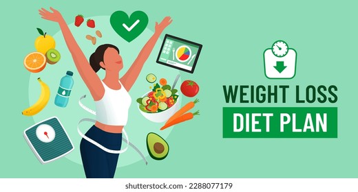 Happy healthy woman following a diet plan and losing weight, banner with copy space