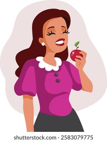 
Happy Healthy Woman Holding an Apple Vector Cartoon. Cheerful lady making healthy food choices eating fruits 
