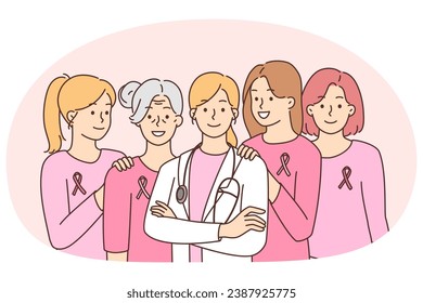 Happy healthy women and female oncologist standing posing together. Smiling doctor with patients beat cancer. Healthcare concept. Vector illustration.