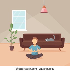 Un joven feliz y saludable practica yoga en la sala de estar. Ilustración de dibujos animados. Actividad deportiva, entrenamiento, ejercicio, fitness, interior, meditación, estilo de vida, permanecer en casa concepto