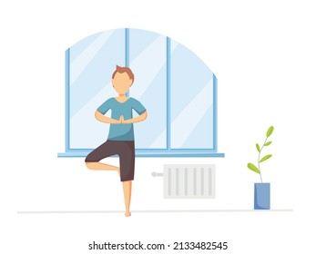 Un joven feliz y saludable practica yoga al lado de la ventana. Ilustración de dibujos animados. Actividad deportiva, entrenamiento, ejercicio, fitness, interior, meditación, estilo de vida, permanecer en casa concepto