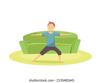 Un joven feliz y saludable practica yoga en la sala de estar. Ilustración de dibujos animados. Actividad deportiva, entrenamiento, ejercicio, fitness, interior, meditación, estilo de vida, permanecer en casa concepto