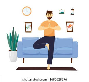 Happy healthy young man practicing yoga in living room, relaxing weekend at home. Vector illustration. Sport activity, workout, exercise, fitness, indoor, meditation, lifestyle, stay at home concept